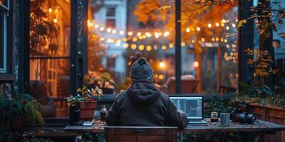A man works on laptop indoors next to a window on a dark winter night photo