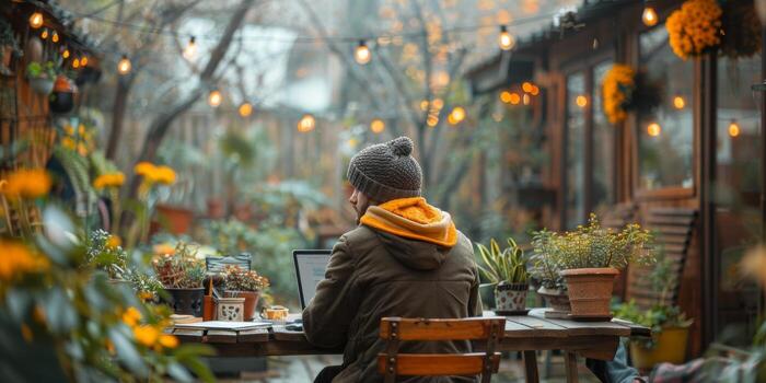 A man is sitting at a table using a laptop computer in the urban area photo