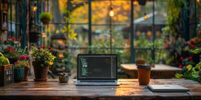 A laptop computer is placed on a table inside a greenhouse photo