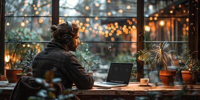 A man uses a laptop while sitting at a table with headphones photo