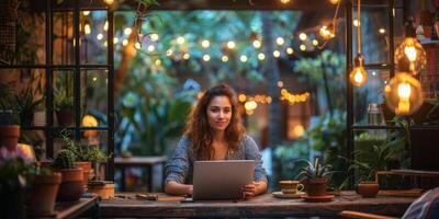 A woman sitting at a table with a laptop, smiling, and a drink nearby photo