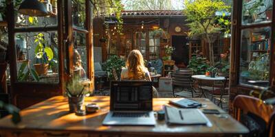 A woman is sitting at a table with a laptop in front of her photo