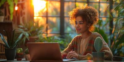 Woman with curly hair using laptop at table near window with flowerpot photo