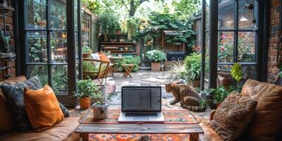 A laptop and a cat are on a table in a living room photo