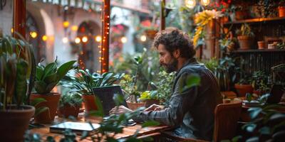 A man sitting at a table surrounded by potted plants while using a laptop photo