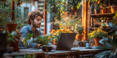 A man is sitting at a table, working on a laptop computer photo