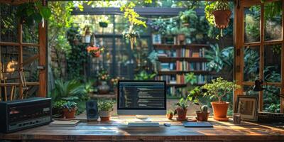 Computer in greenhouse on desk surrounded by plants, blending tech with nature photo