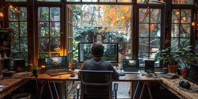 Set up a productive home office with nature view and multiple screens for remote work photo