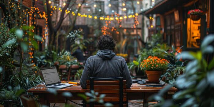 A man with a laptop at a table in a garden under a tree surrounded by greenery photo