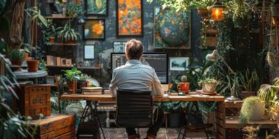 A man sitting at a desk with a computer, surrounded by plants photo