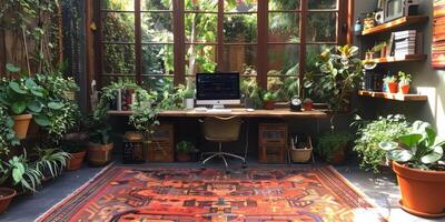 A room with many potted plants and a desk with a computer photo