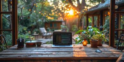 A laptop positioned on a wooden table, placed in front of a window with a view photo