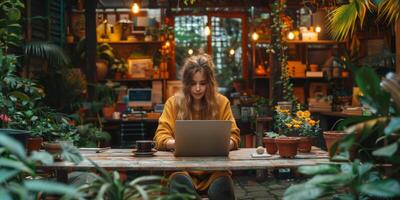 A woman is sitting at a table using a laptop computer for leisure photo
