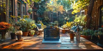 A laptop computer is placed on a wooden table in a garden surrounded by nature photo