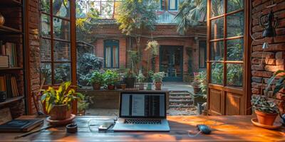 A laptop computer on a wooden desk in front of a window photo