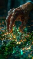 A persons hand is extended towards a miniature city model photo