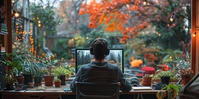 Man in headphones sits at desk in front of computer photo