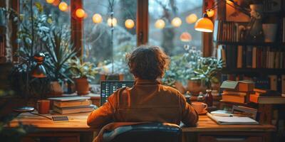 A man is working at a desk with a laptop in a furnished room with a window photo