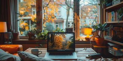 A laptop is sitting open on a wooden table in front of a window with a view photo