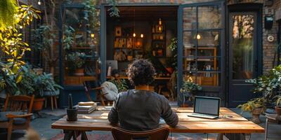 A woman is sitting at a table indoors with a laptop in front of her photo