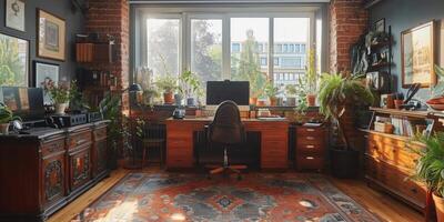 The room is furnished with a desk, chair, plants, and a rug photo