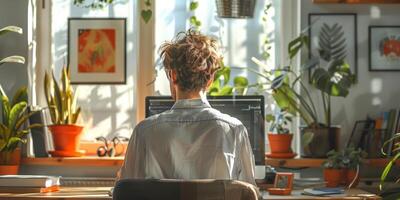 A man is at a desk with a computer, plants around photo