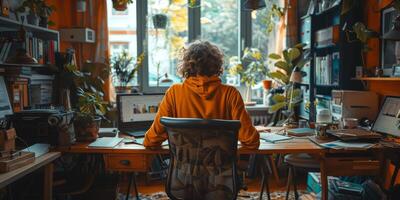 A person at desk, using laptop in room with window and houseplant photo