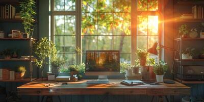 Wooden desk with computer near window, bathed in natural light photo