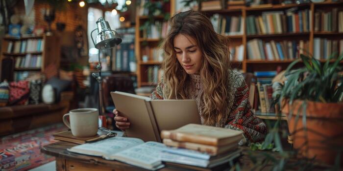 A woman is seated at a table, engrossed in reading a book photo