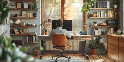 A man is sitting at a desk in front of a computer in a home office photo