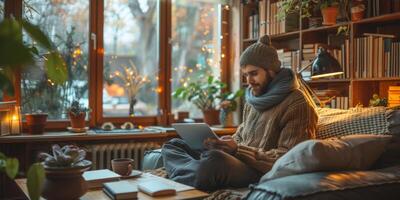 A man is using a laptop computer on a couch in a living room photo