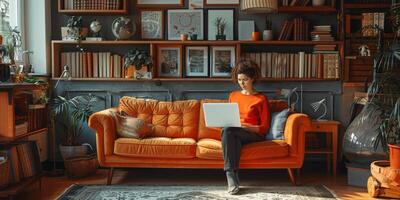 A woman is comfortably seated on a couch, engaged with a laptop computer photo