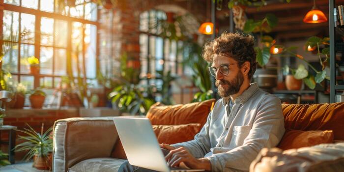 A man with a beard is comfortably sitting on a couch, using a laptop computer photo