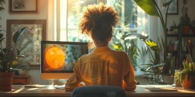 A woman is sitting at a desk in front of a computer, focused on her work photo