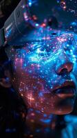 Person with VR headset and galaxy projection on face photo