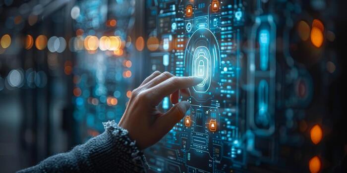 A person uses their finger to press on a hightech display photo