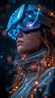 Woman in VR headset surrounded by sparks and light in dark futuristic setting photo