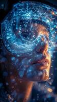 Image shows a woman in a VR headset with water bubbles around photo
