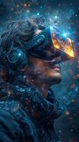 A man wearing a VR headset and headphones explores a digital world in the image photo
