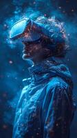 In a dimly lit room, a man enjoys virtual reality, lost in a digital wonderland photo