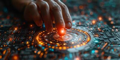 Close up of a persons hand pressing a button on a circuit board photo