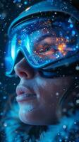 There is an individual wearing goggles in a snowy location photo