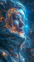 Woman in space suit engulfed in smoke, surrounded by lights photo