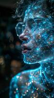 Close up of a face with blue lights emitting from it photo