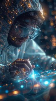 A man in a protective suit and goggles is focused on using a computer photo