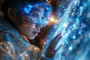 A woman wearing a VR headset is gazing at a screen in a dark space photo