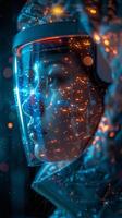 A close up photo of a person in a futuristic helmet with an electric blue tint