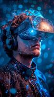 A man is pictured with headphones and a VR headset photo
