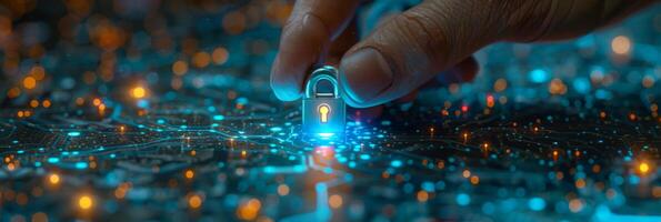 A digital padlock is held by a persons hand, showcasing technology photo