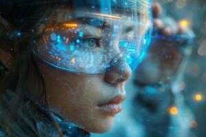 A woman is wearing a stylish pair of hightech glasses photo